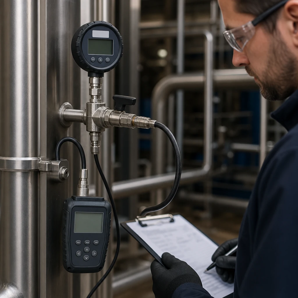 Calibrated pressure gauge and data logger connected to pipework.
