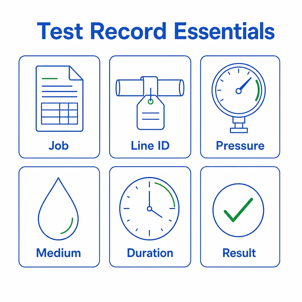 Checklist of essential pressure test record details.