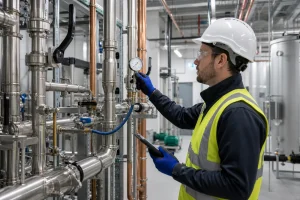 Engineer recording a pipework pressure test in an industrial plant room.