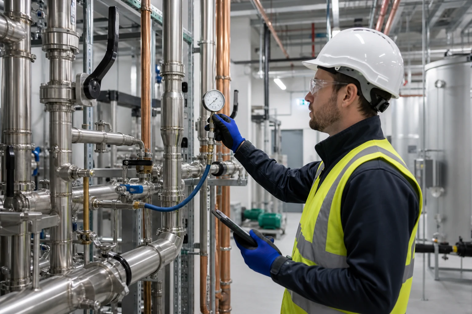 Engineer recording a pipework pressure test in an industrial plant room.