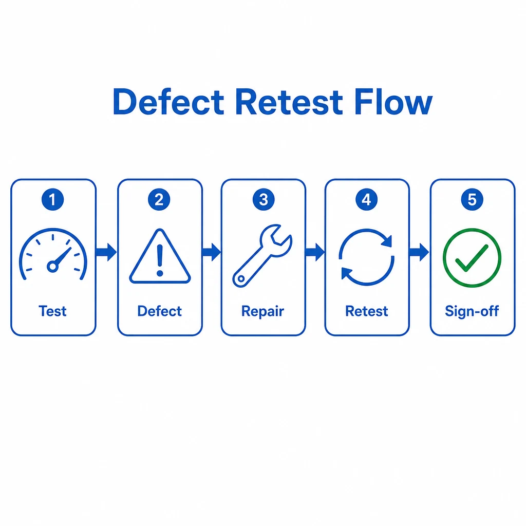 Process flow for defects, repairs, retesting and sign-off.