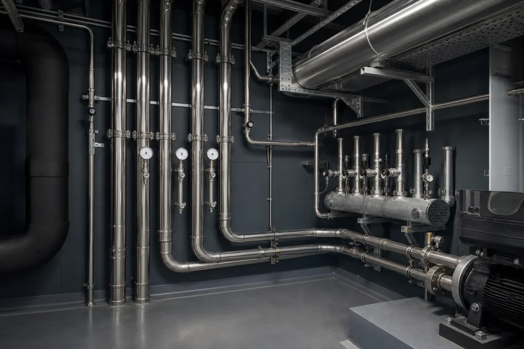 Finished press fit pipework in a plant room