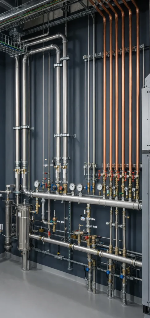 Neat press fit pipework in a service riser