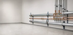 Clean data-room cooling pipework with accessible valves and a tidy manifold.