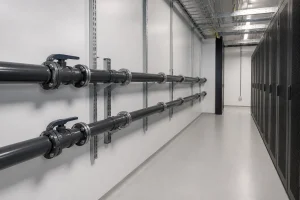 Clean flow and return pipework beside data room cooling racks