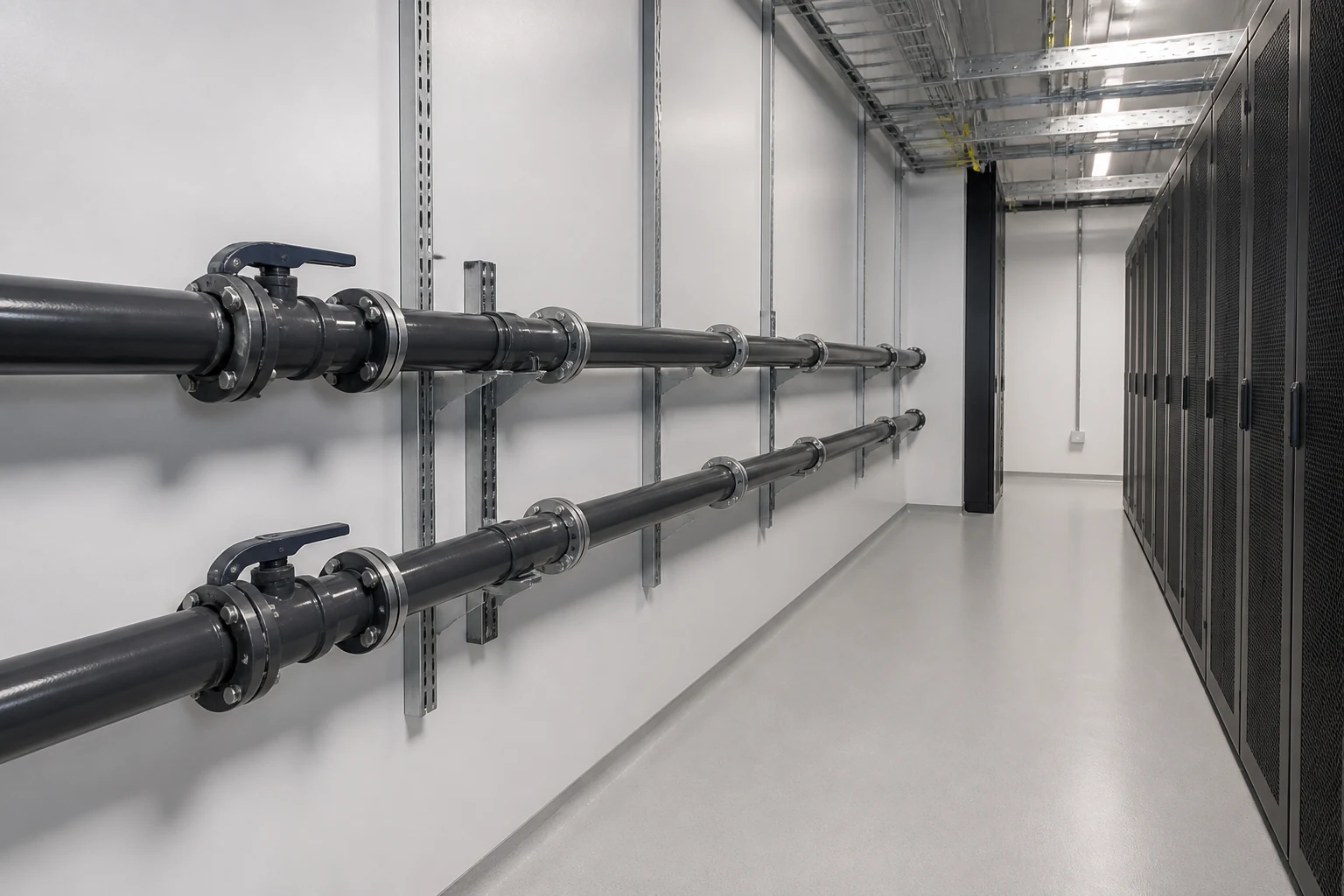 Clean flow and return pipework beside data room cooling racks