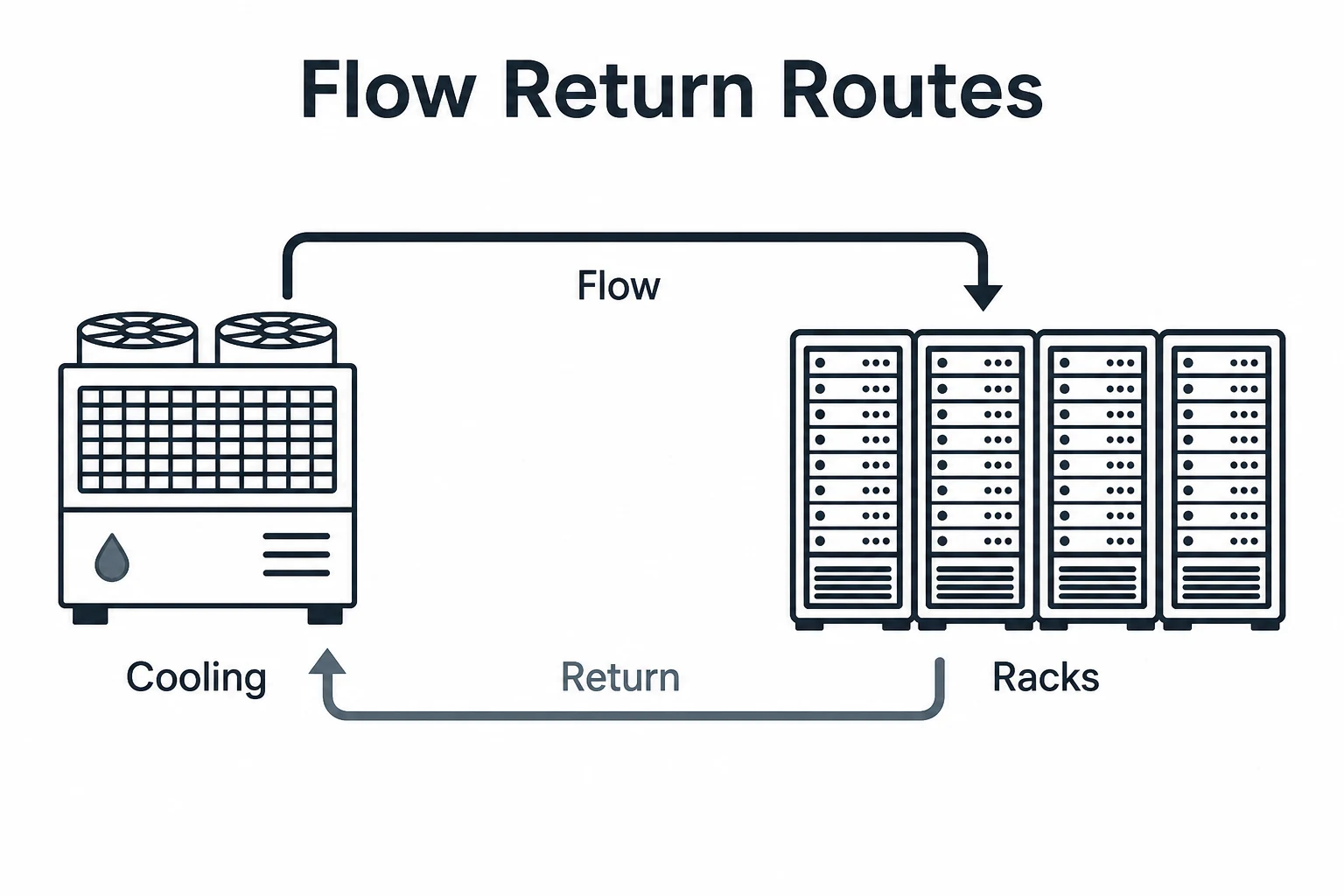 Diagram showing separate flow and return routes for rack cooling