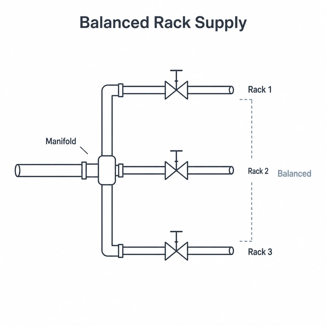 Simple manifold diagram balancing supply to three rack cooling branches