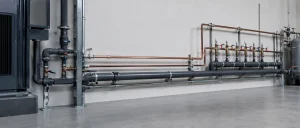 Clean industrial cooling water pipework in a tidy plant room