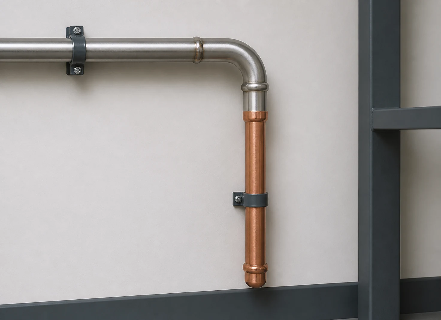 Finished steel and copper pipework with neat joints