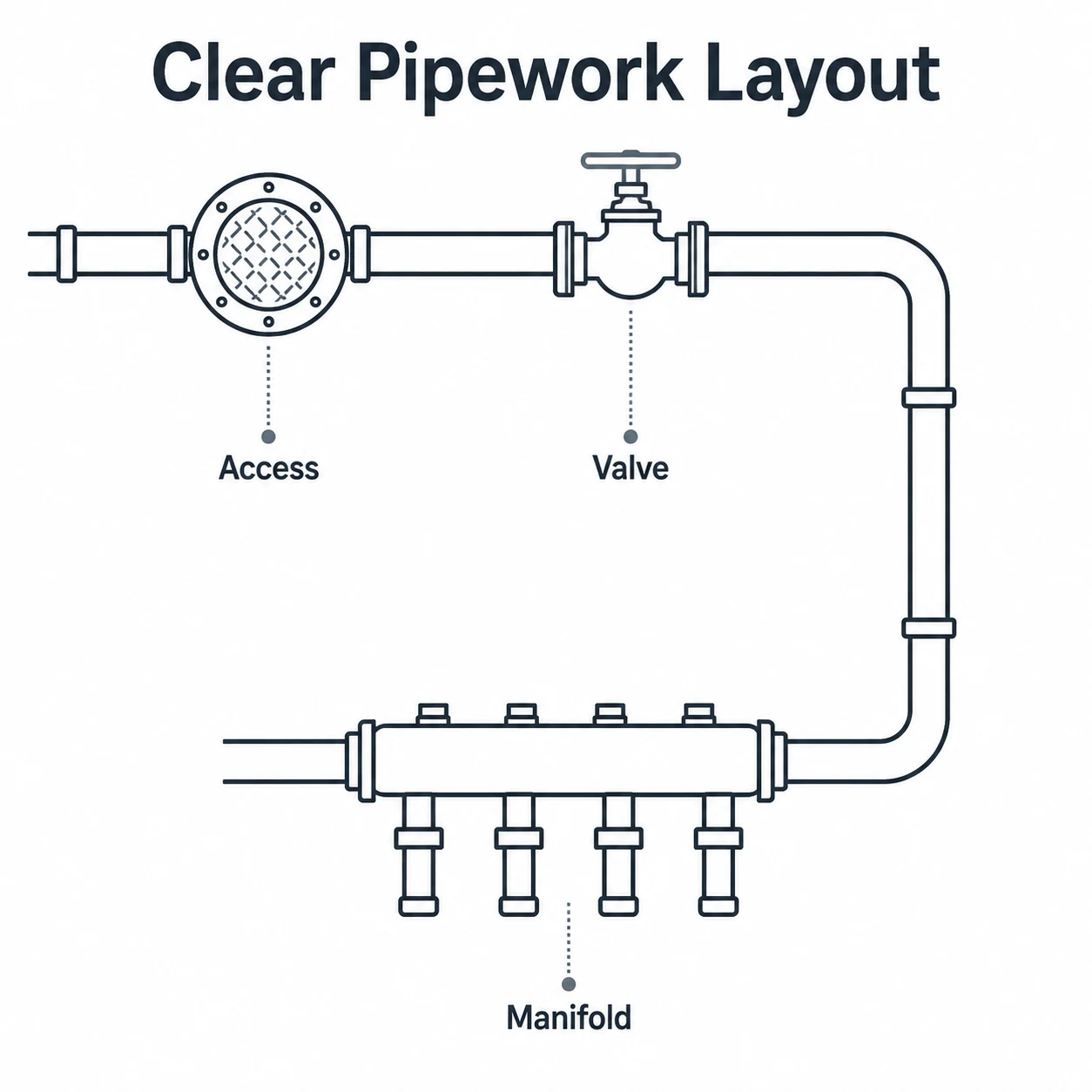 Simple diagram of accessible pipework layout with valves and manifold