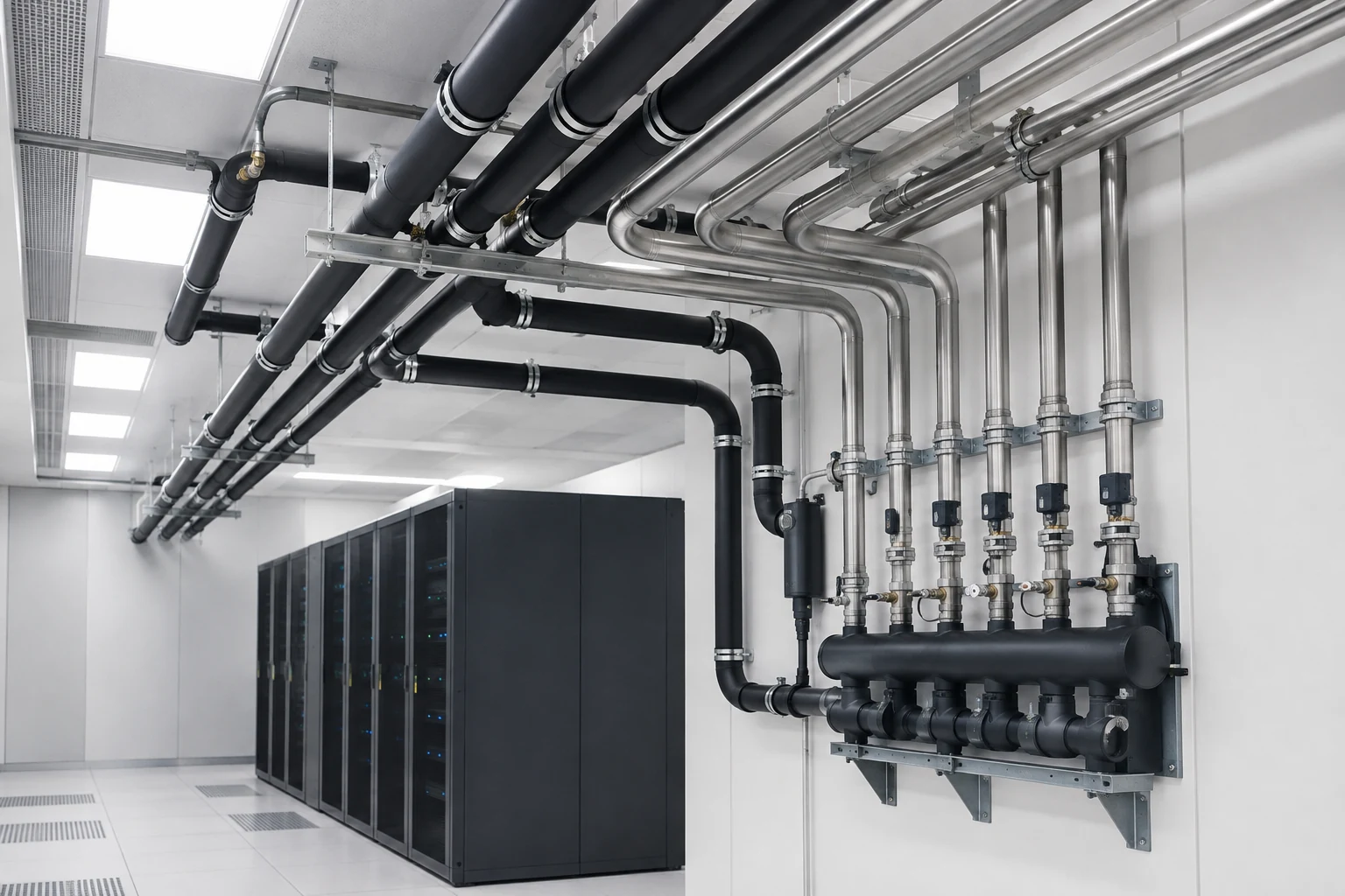 Tidy data room cooling pipework beside server cabinets
